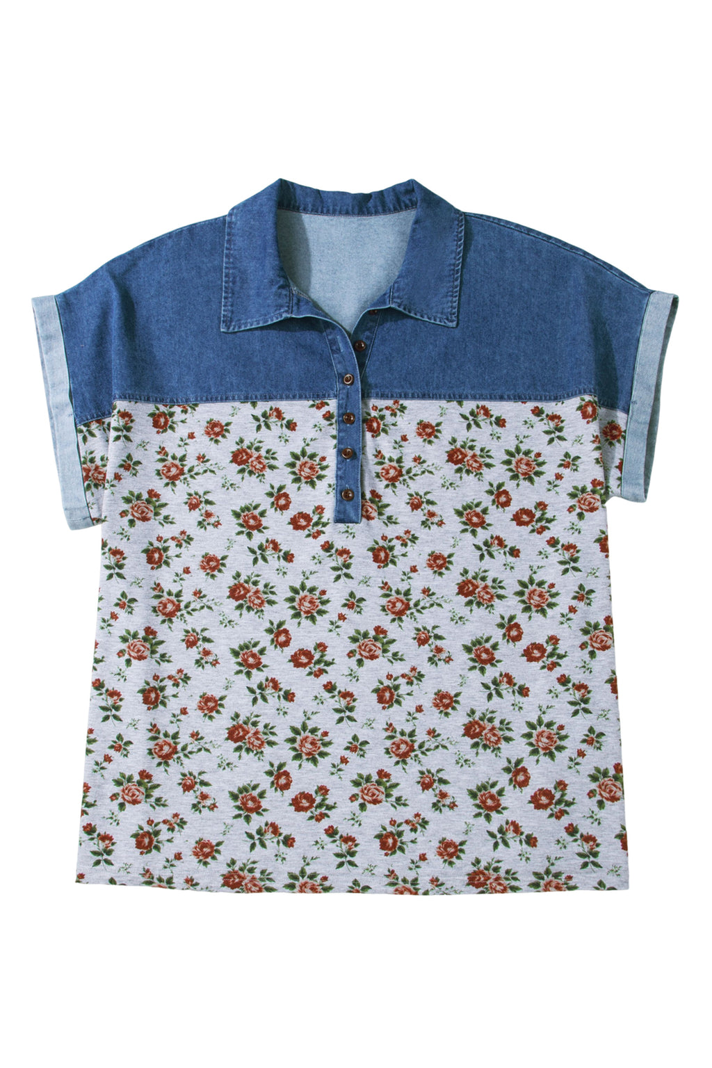 Plus size Gray Retro Floral Print & Denim Patchwork Polo Tee