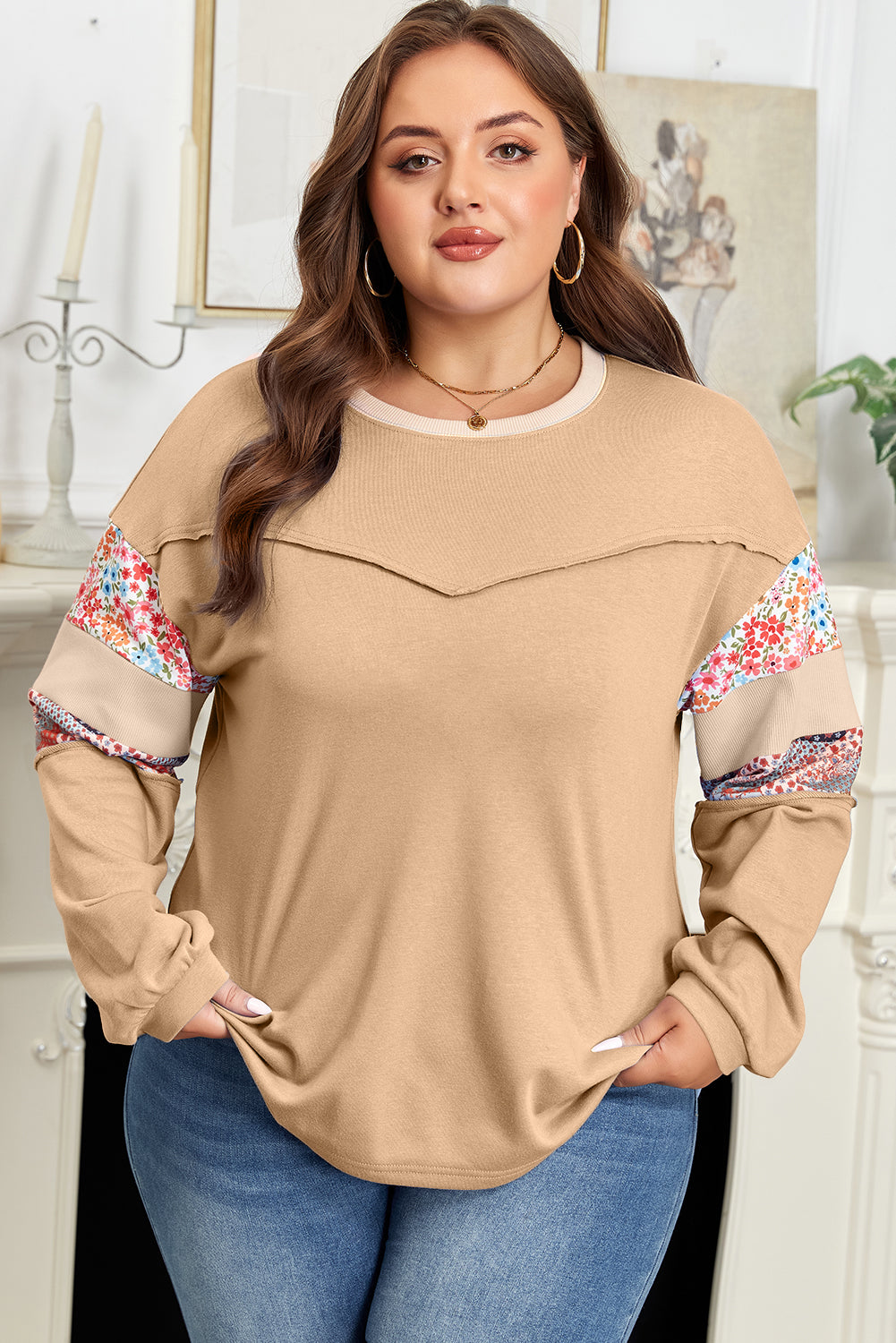 Plus Size Khaki Exposed Seam Relaxed Top With Floral Mixed Patchwork Sleeves