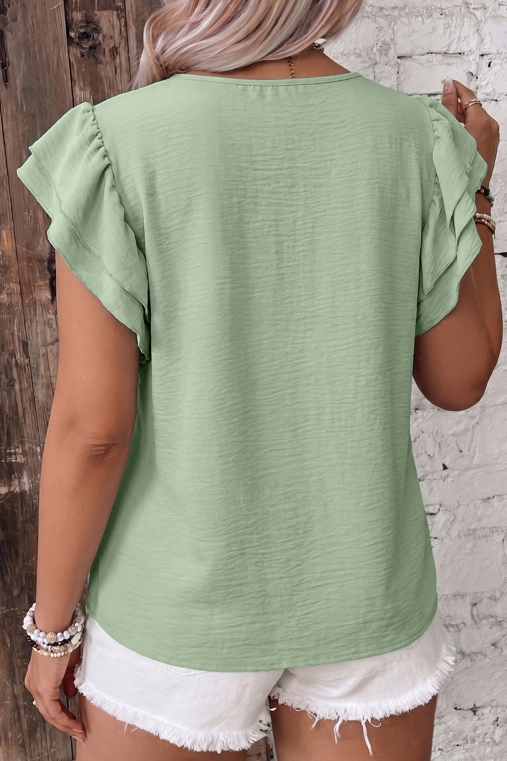 Plus Size Clearly Aqua Crew Neck Ruffle Sleeve Top