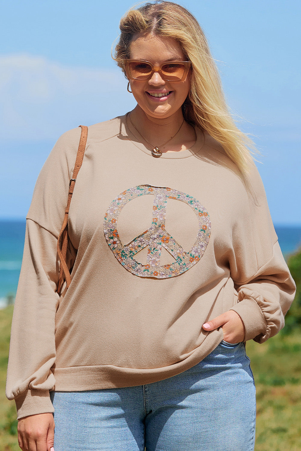 Plus Size Khaki Peace Sign Washed Terry Graphic Sweatshirt