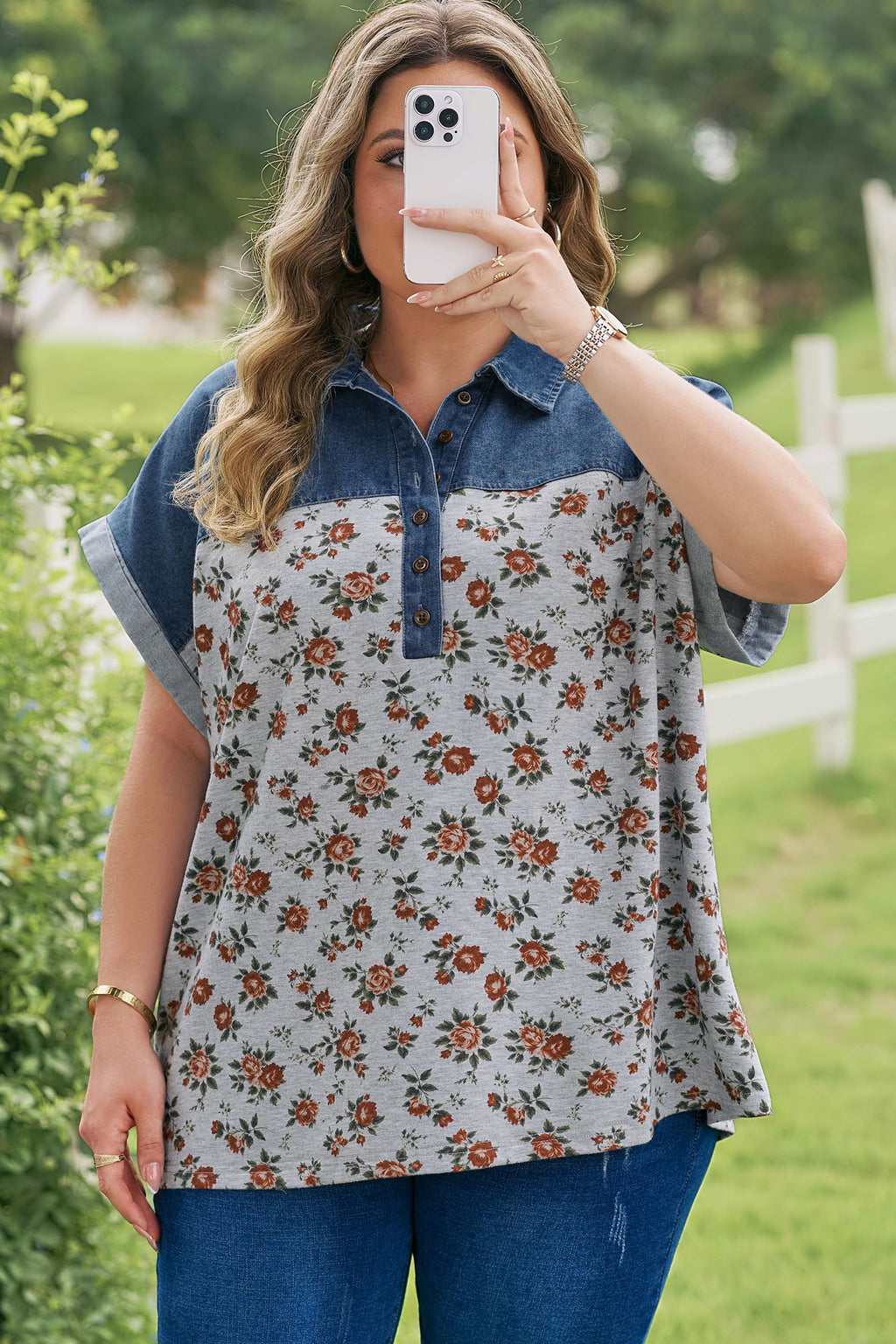 Plus size Gray Retro Floral Print & Denim Patchwork Polo Tee