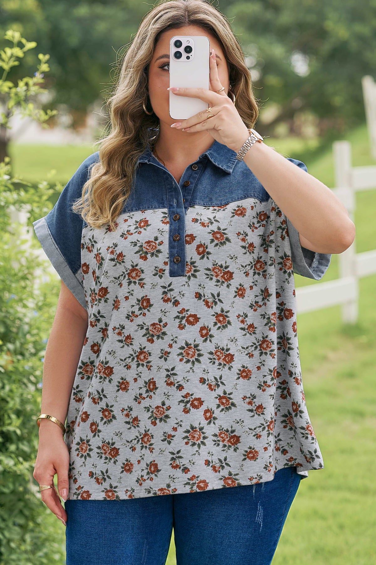 Plus size Gray Retro Floral Print & Denim Patchwork Polo Tee