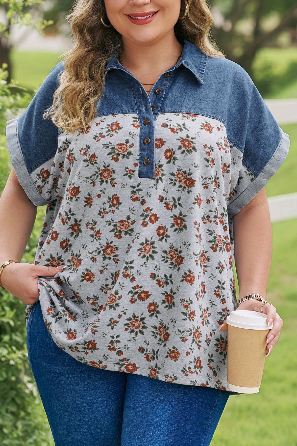 Plus size Gray Retro Floral Print & Denim Patchwork Polo Tee