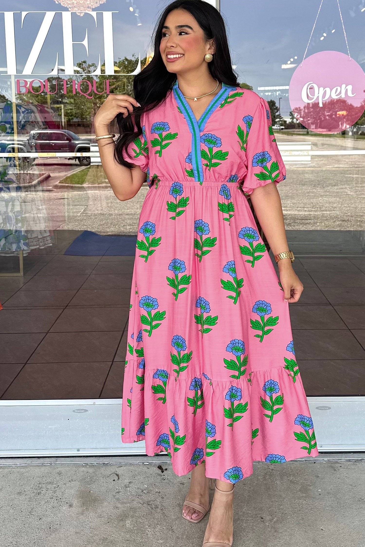 Plus Size Pink Floral V-Neck Ruffled Maxi Dress