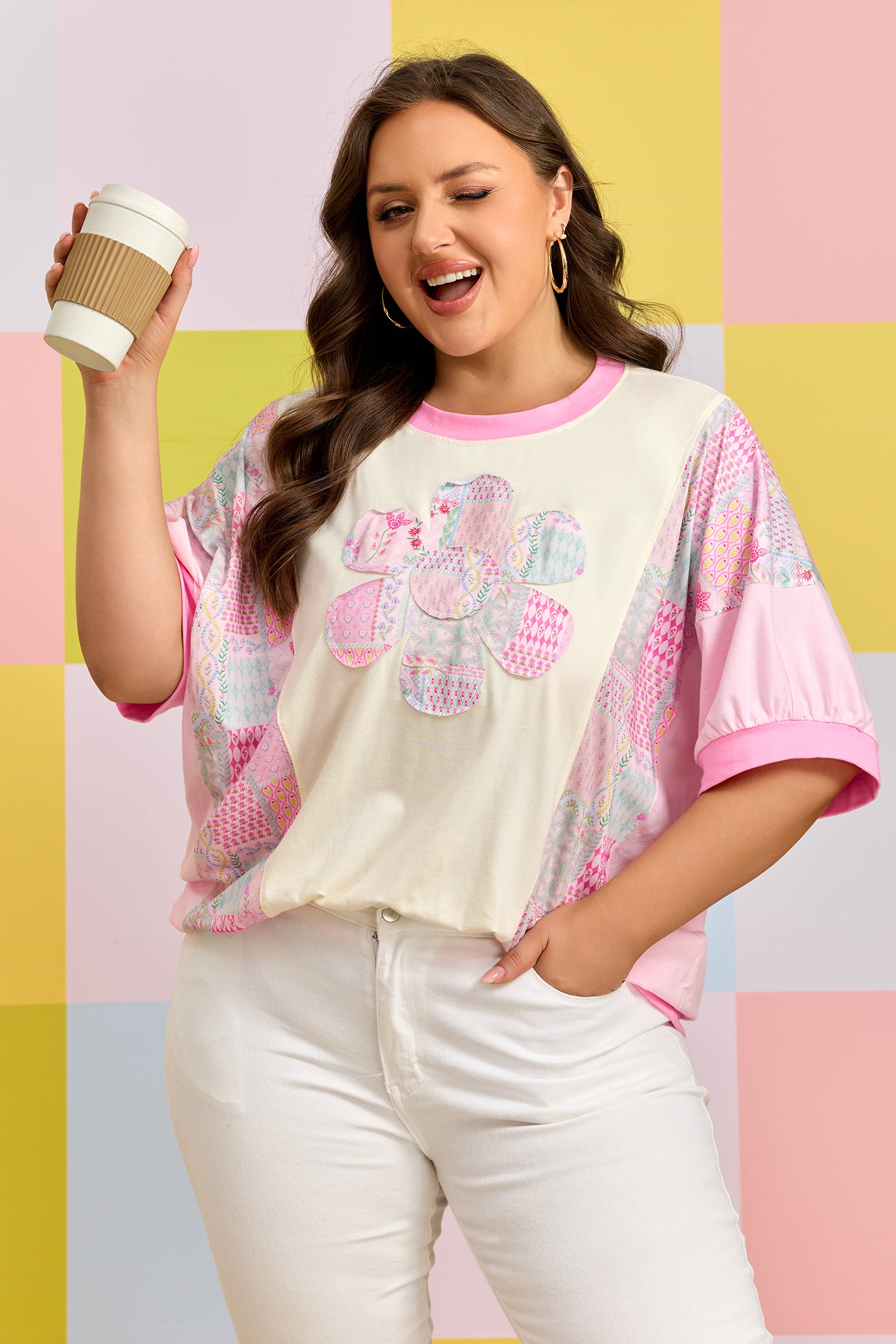 Plus Size Beige Short Sleeve Floral Patchwork Tee