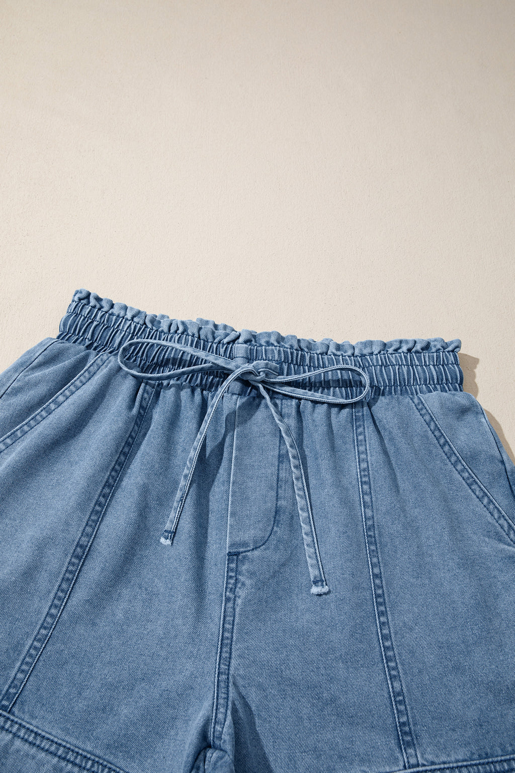 Dusk Blue Smocked Denim Shorts With Elastic Waist