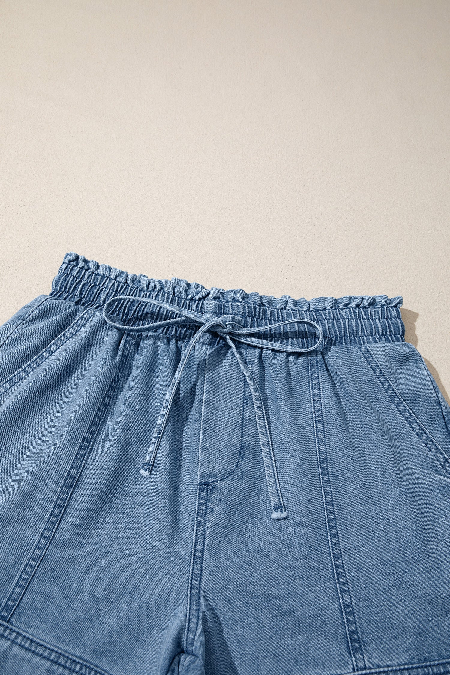 Dusk Blue Smocked Denim Shorts With Elastic Waist