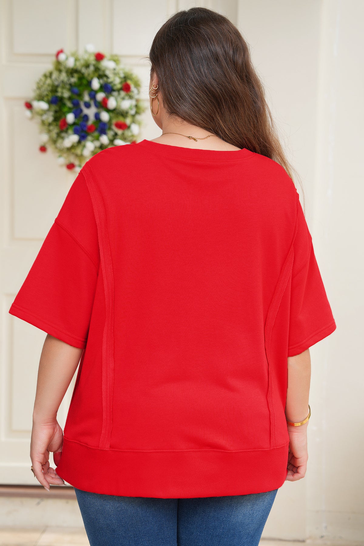 Plus Size Fiery Red Solid Color Patchwork Short Sleeve Top With Notched Neck
