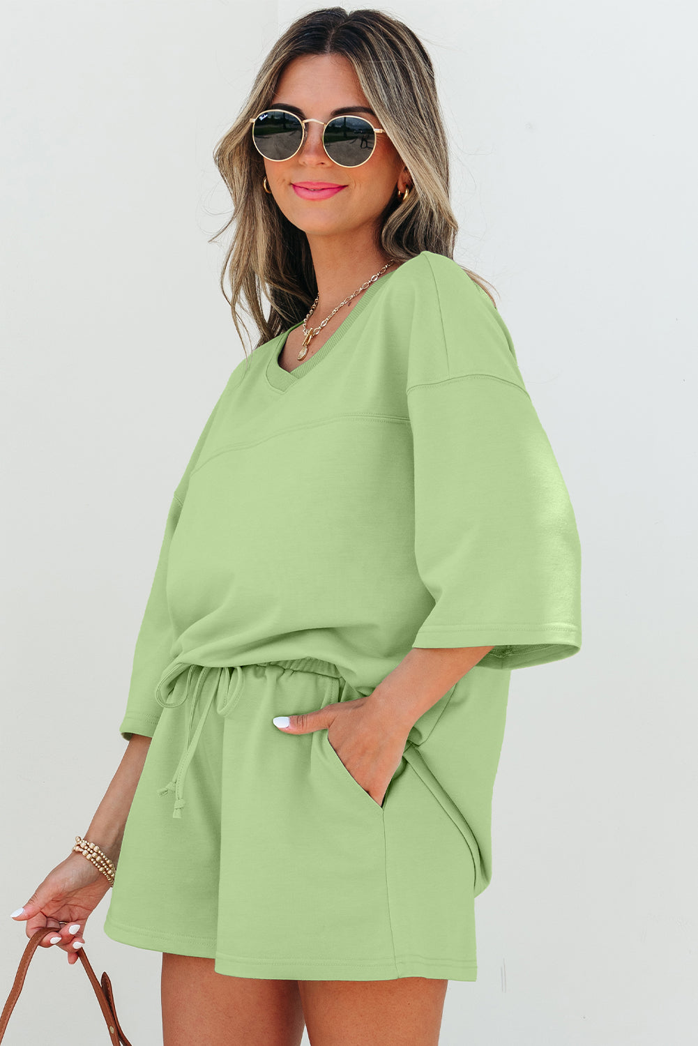 Meadow Mist Green V-Neck Half Sleeve Tee and Shorts 2pc Set