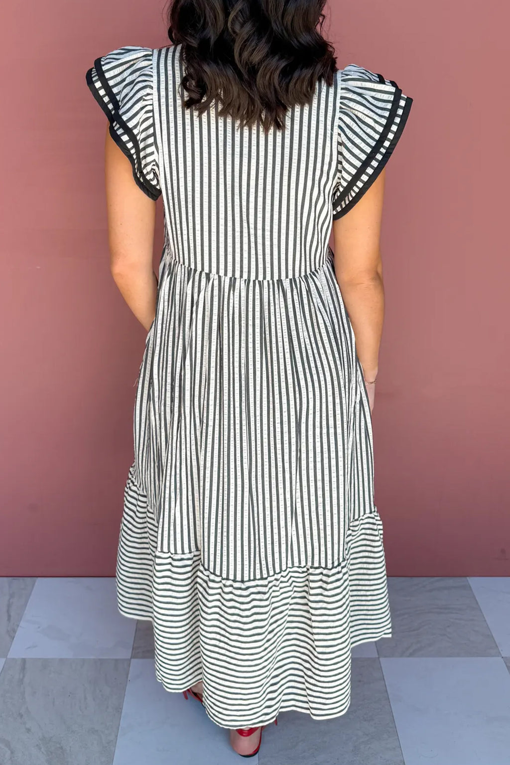 Plus Size Black Stripe Slit V-Neck Tiered Maxi Dress With Flutter Sleeves