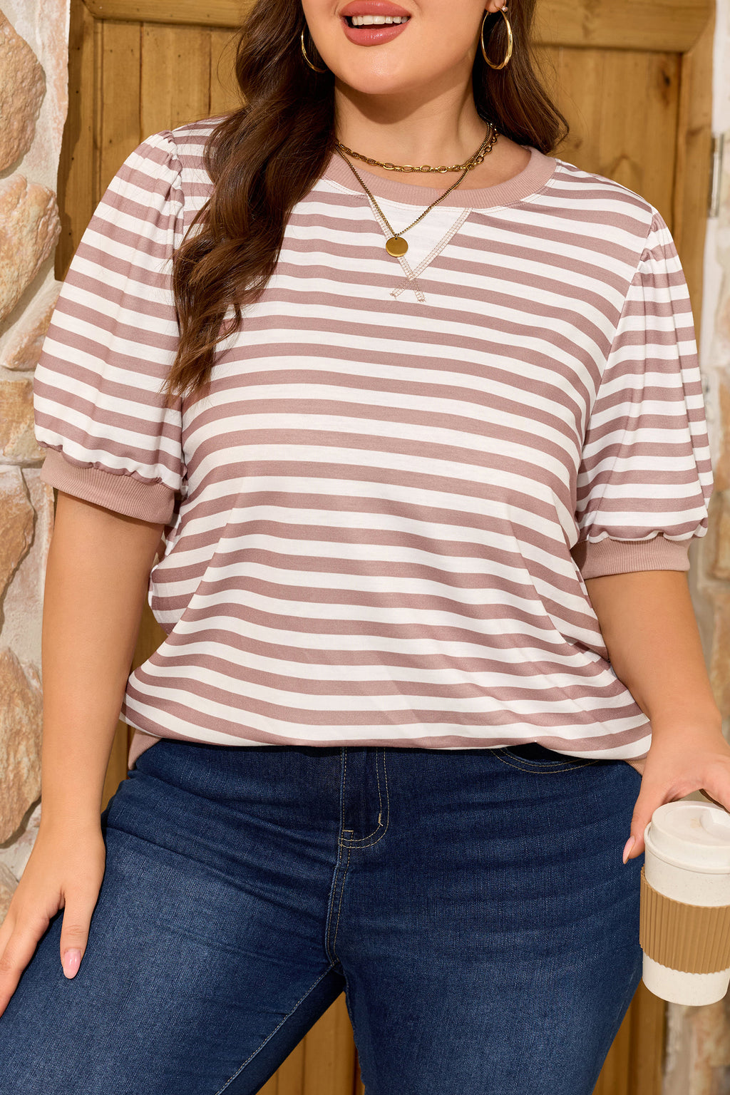 Plus Size Orange Stripe Ribbed Trim Round Neck Short Puff Sleeve Tee