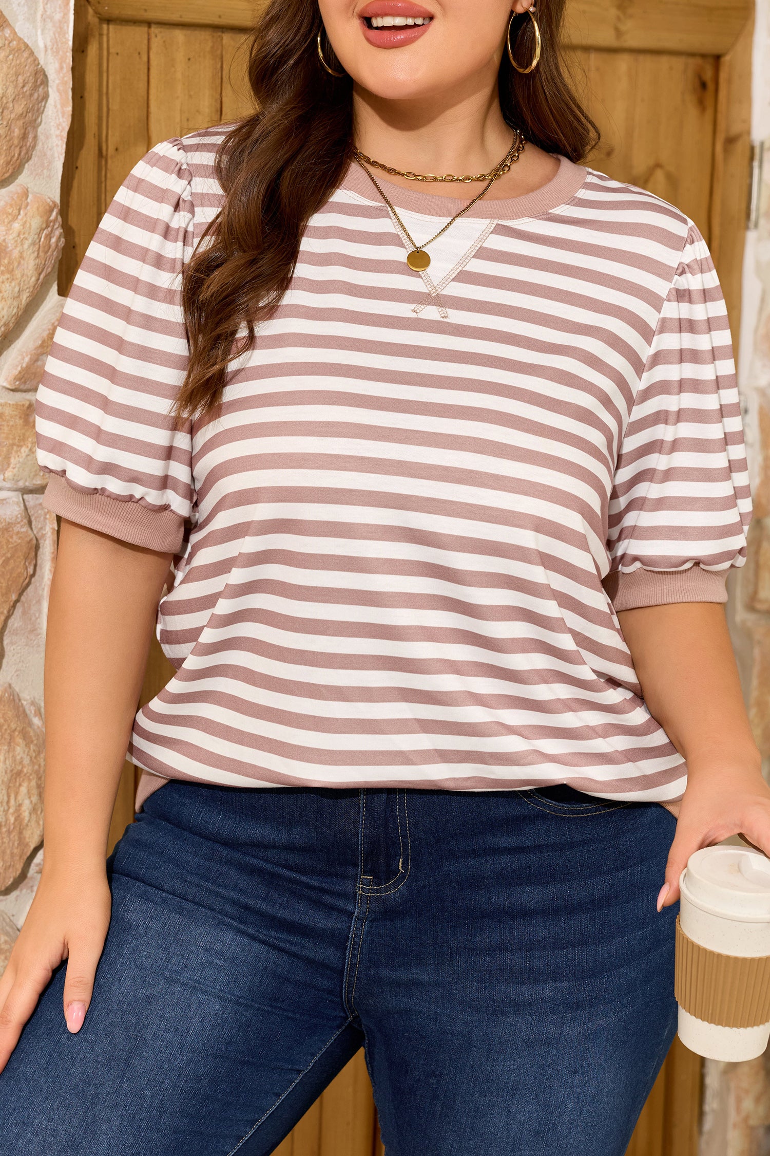Plus Size Orange Stripe Ribbed Trim Round Neck Short Puff Sleeve Tee