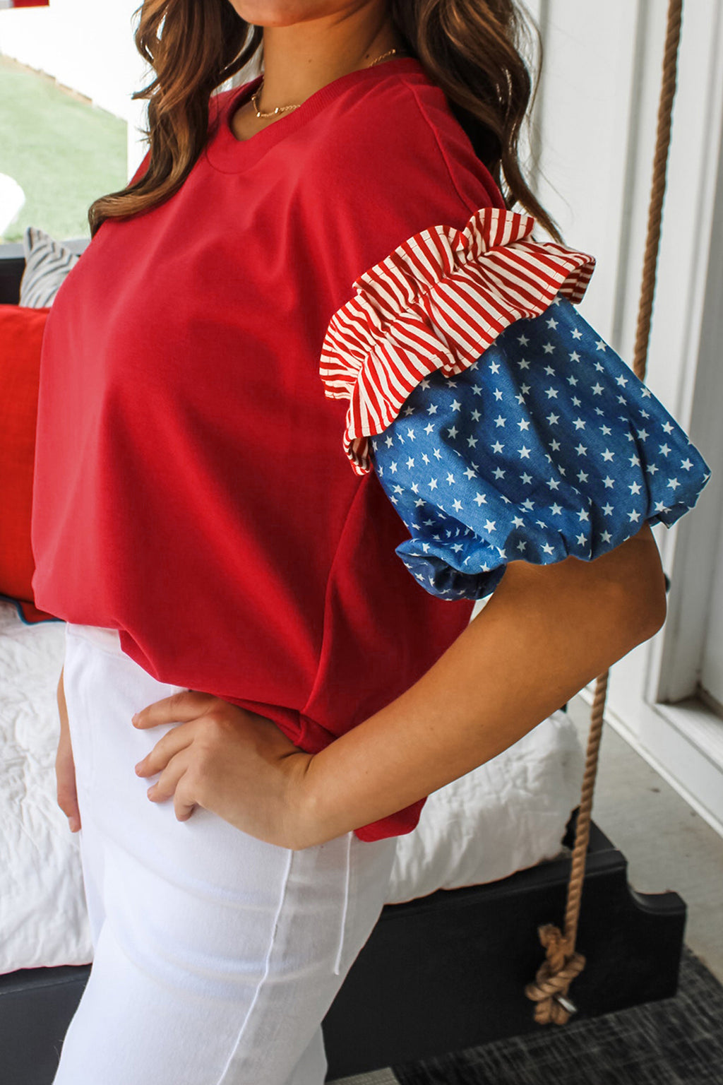 Plus Size Fiery Red Striped Ruffles Star Short Bubble Sleeve Patchwork Top