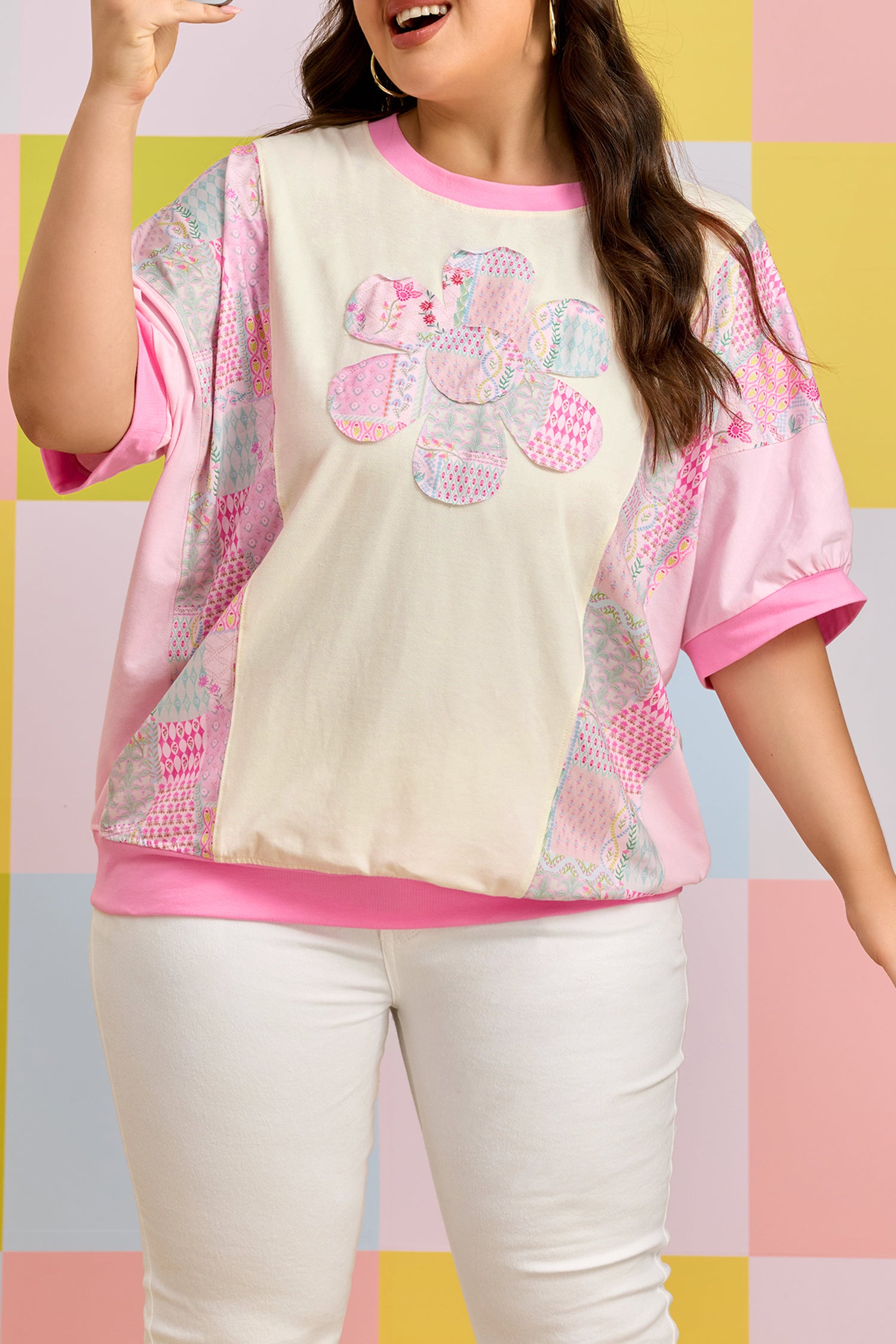 Plus Size Beige Short Sleeve Floral Patchwork Tee