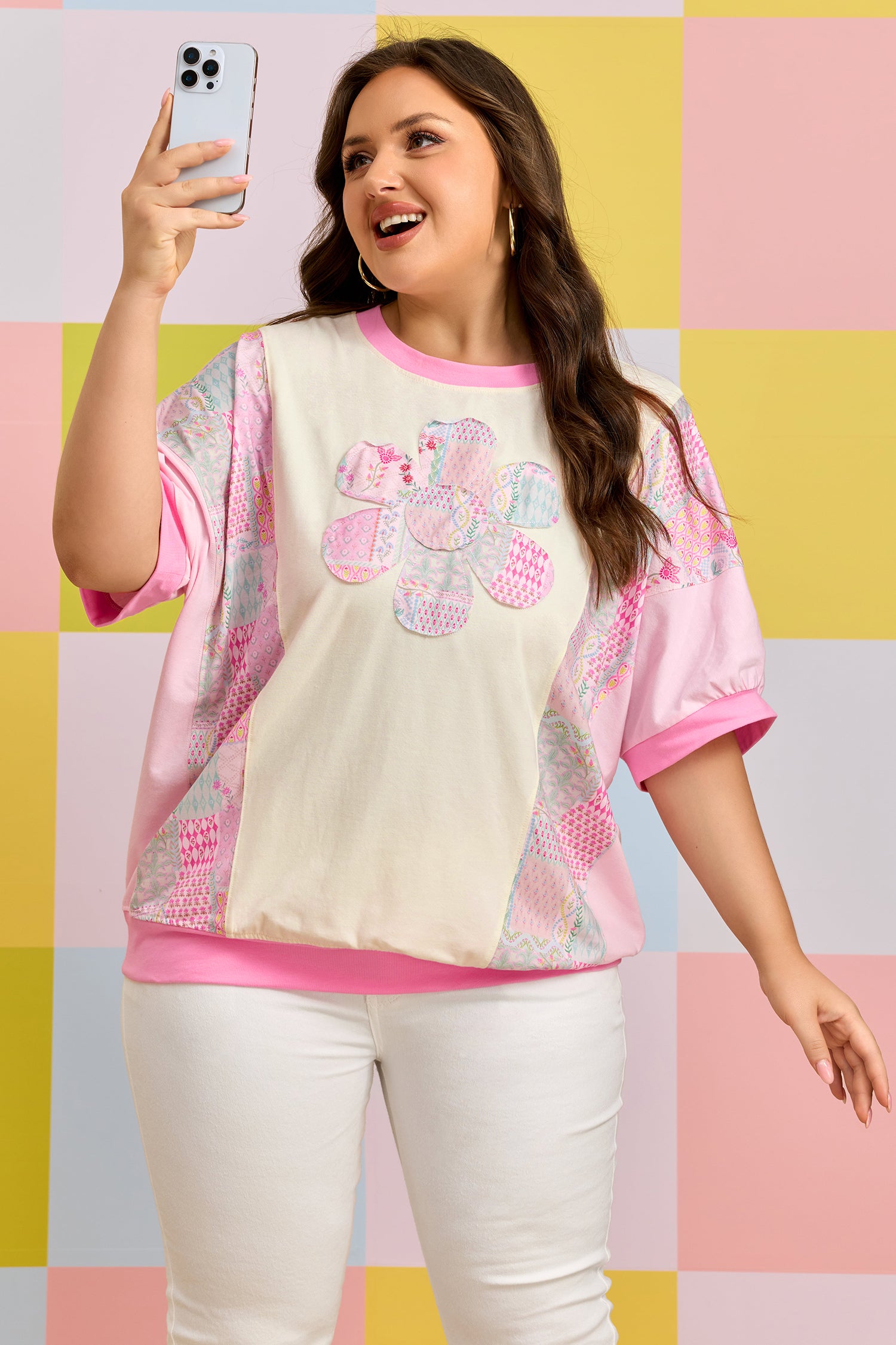 Plus Size Beige Short Sleeve Floral Patchwork Tee