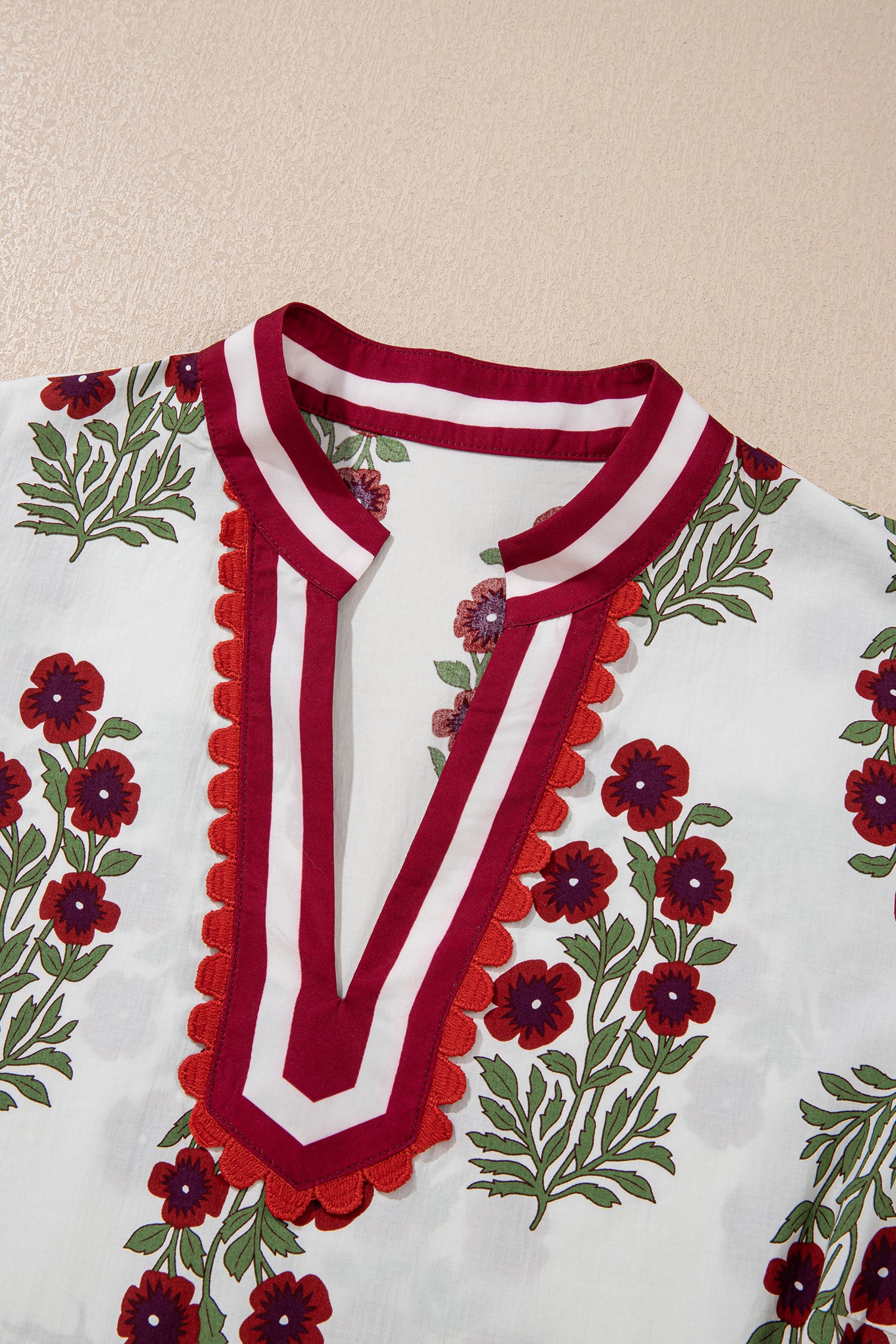 Plus Size White Short Sleeve Cotton Blouse With Floral Print Ricrac Striped Trim