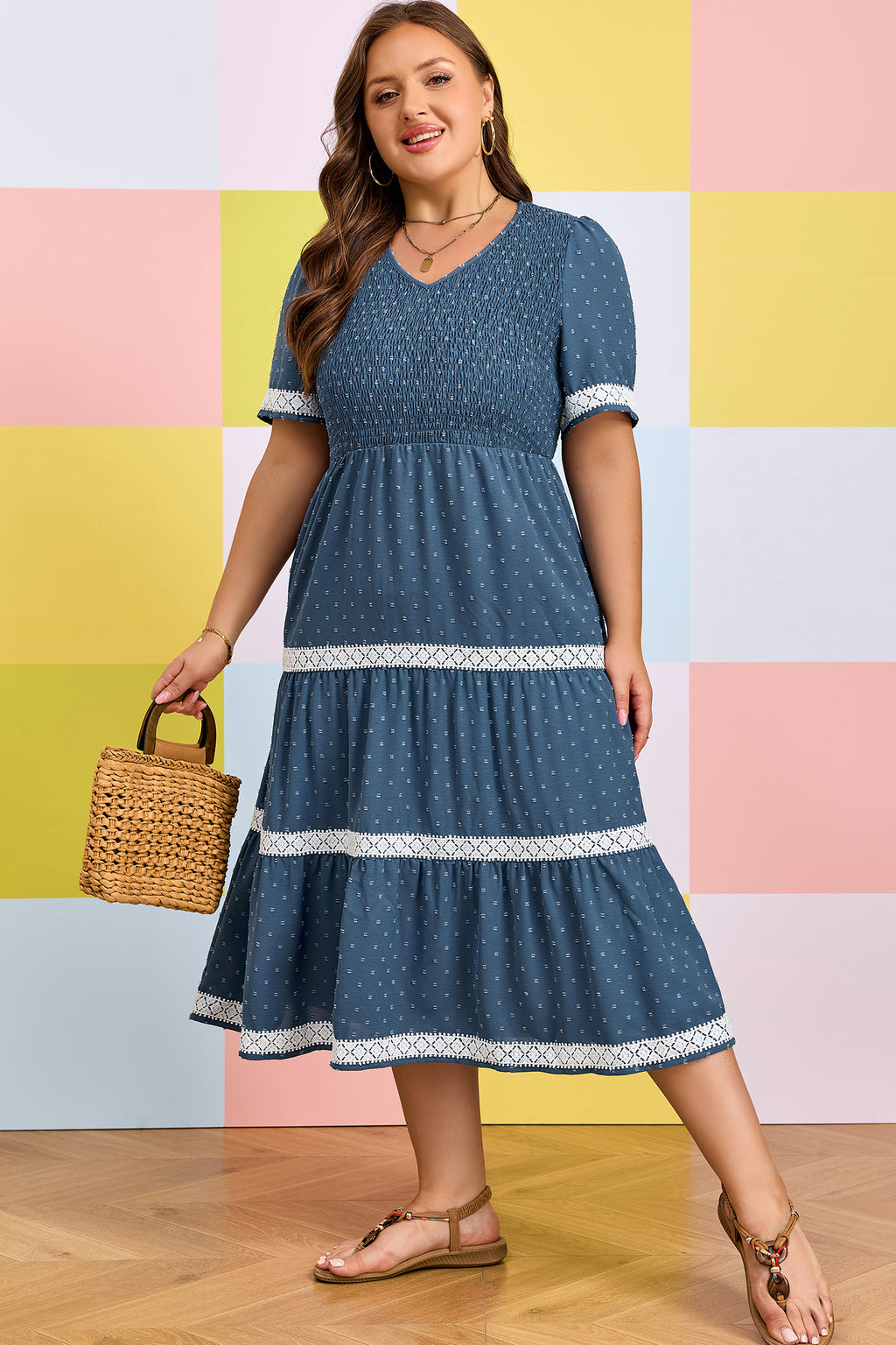 Plus Size Dusk Blue V-Neck Flared Midi Dress With Swiss Dot & Lace Patchwork Detail