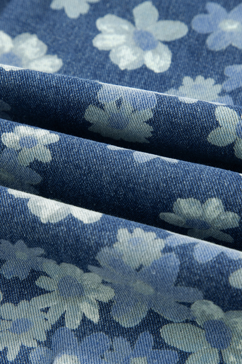 Sky Blue Dainty Floral Print Drawstring Barrel Jeans