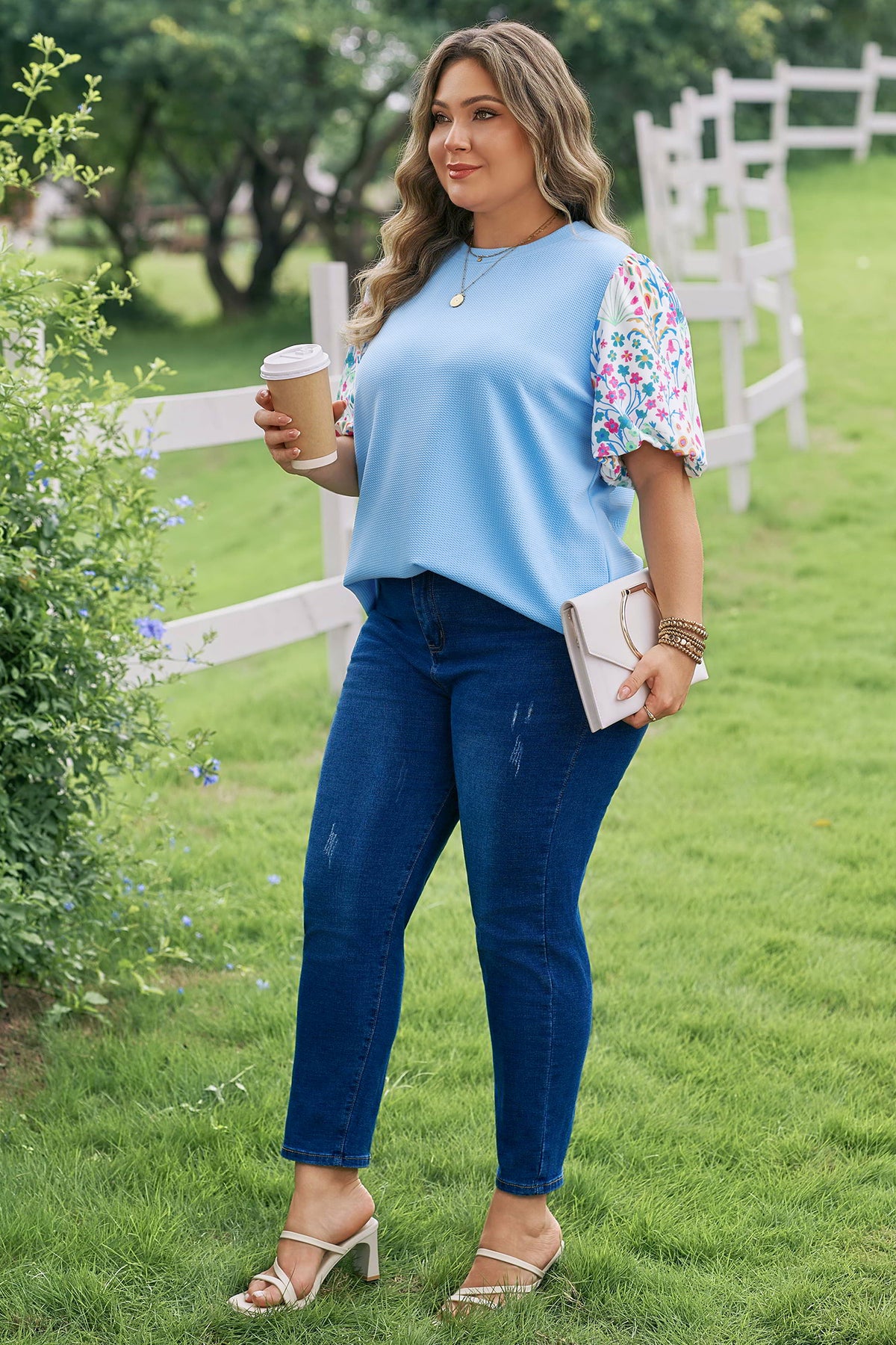 Plus Size Light Blue Textured Bodice Top With Contrast Floral Sleeves