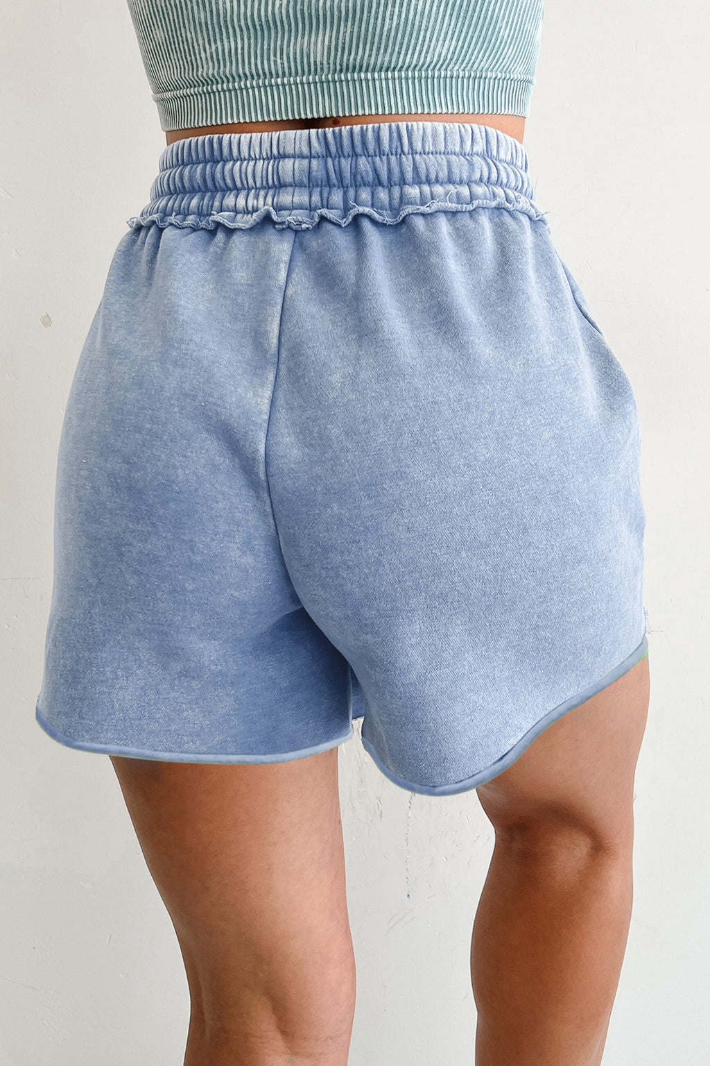 Sky Blue Mineral Washed Raw Cut Shorts With Elastic Drawstring Waste