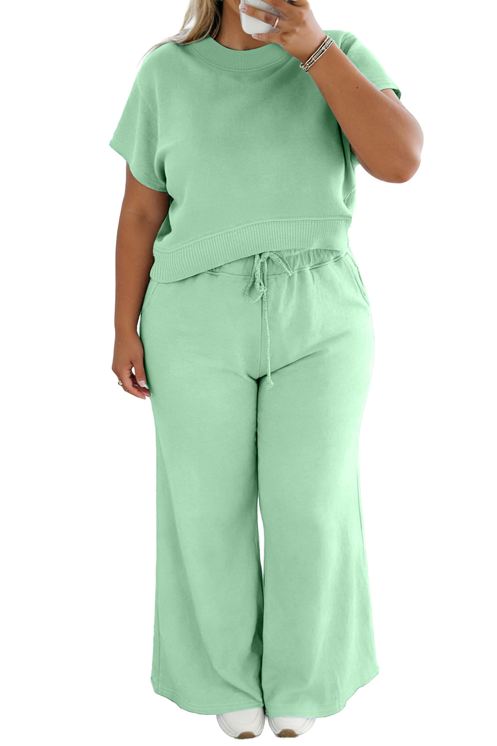 Plus Size Aqua Ribbed Trim Short Sleeve Top & Drawstring Loose Pants 2pcs Outfit