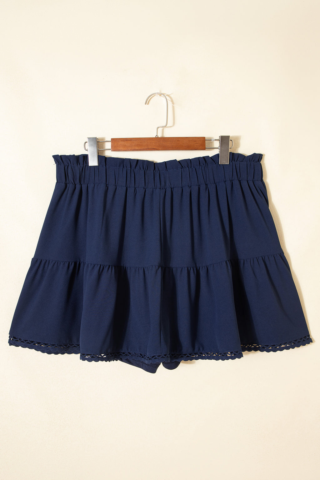 Plus Size Navy Blue Frilled Elastic Waist Lace Trim Ruffled Shorts