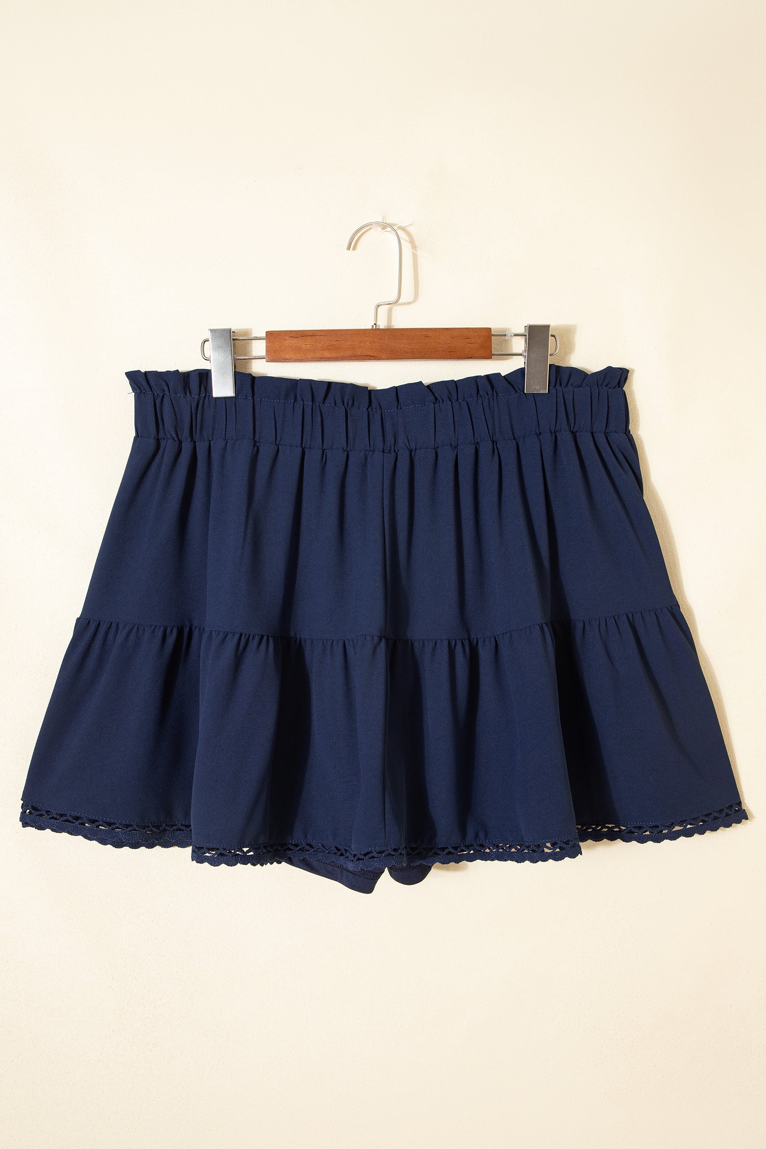 Plus Size Navy Blue Frilled Elastic Waist Lace Trim Ruffled Shorts