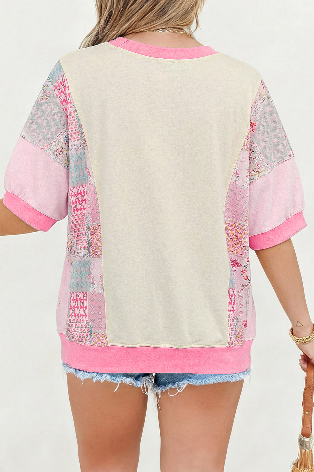 Plus Size Beige Short Sleeve Floral Patchwork Tee
