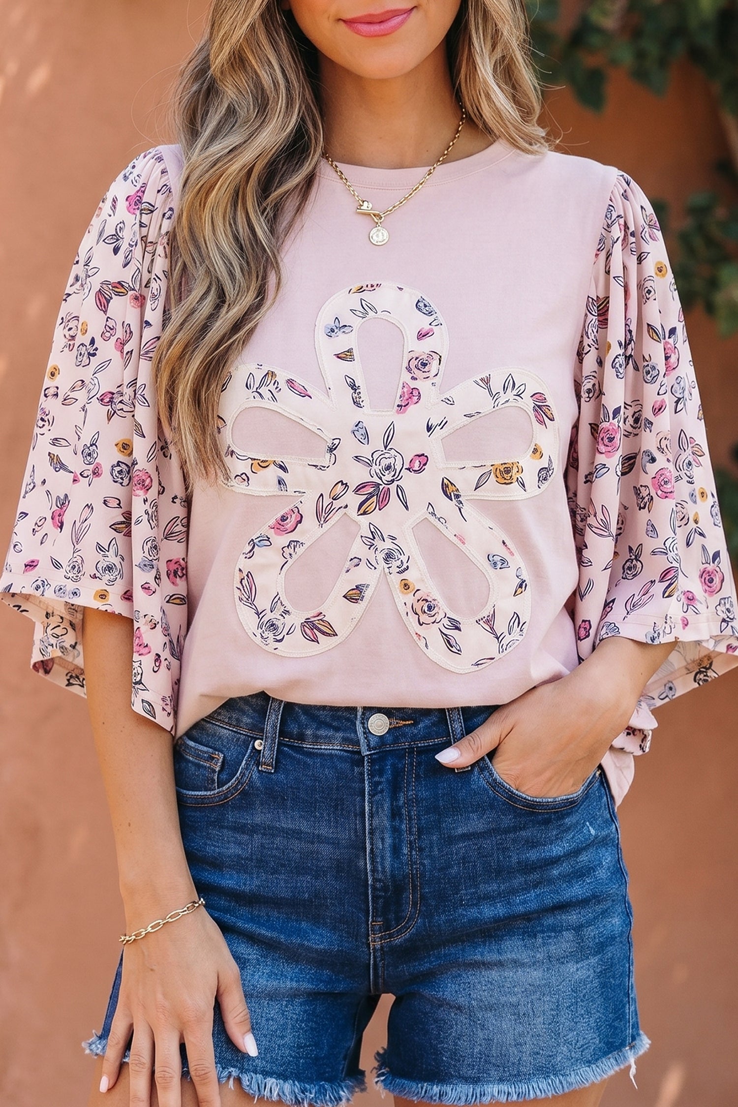 Flowy Pink Floral Patched Half Sleeve Blouse