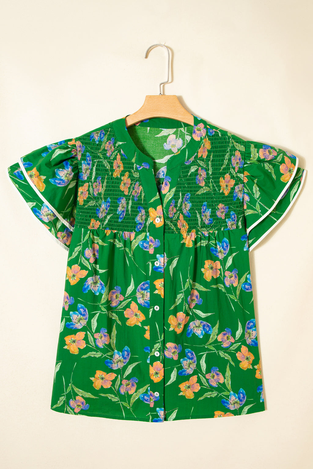 Plus Size Green Floral Short Sleeve Ruffled Top