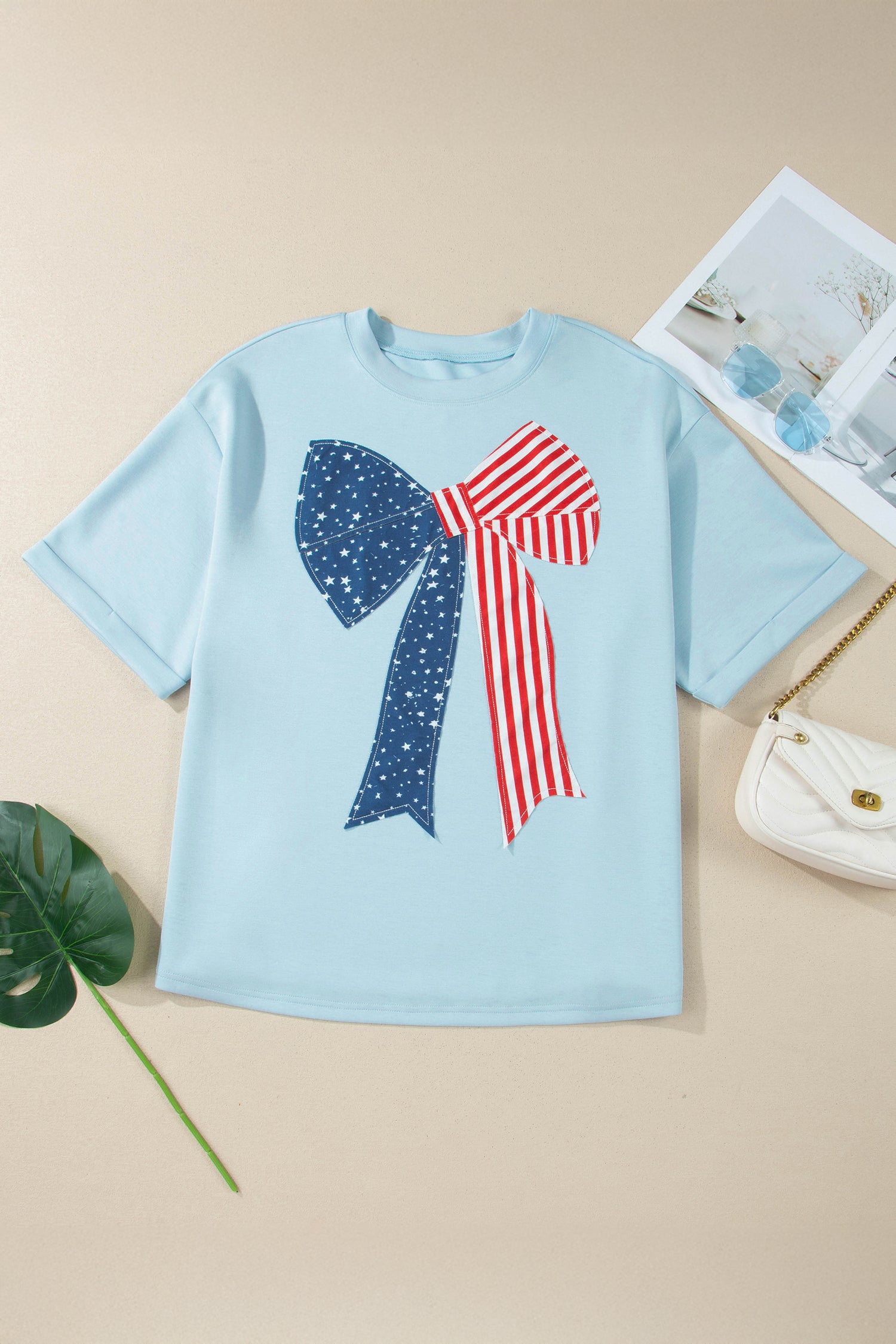 Plus Size Blue Patriotic Patchwork Bow Graphic Tee