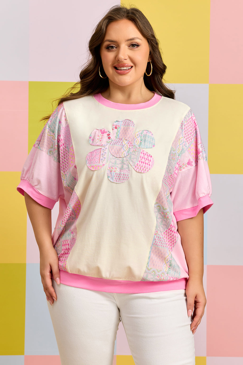 Plus Size Beige Short Sleeve Floral Patchwork Tee