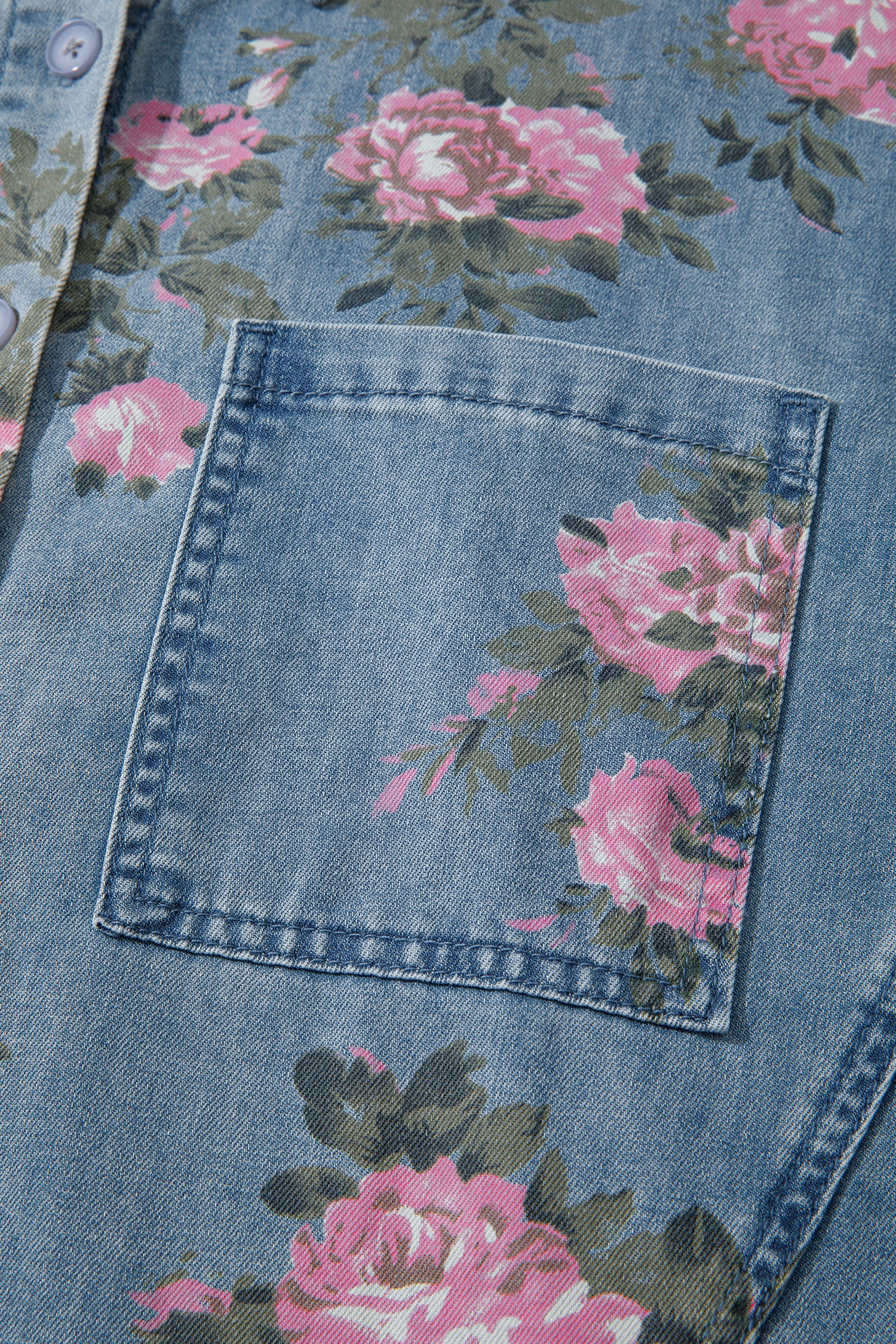 Blue Bracelet Sleeve Denim Floral Print Shirt