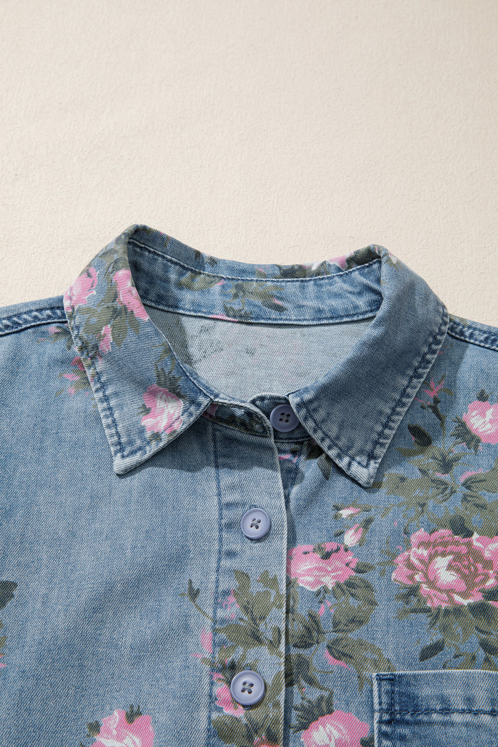 Blue Bracelet Sleeve Denim Floral Print Shirt