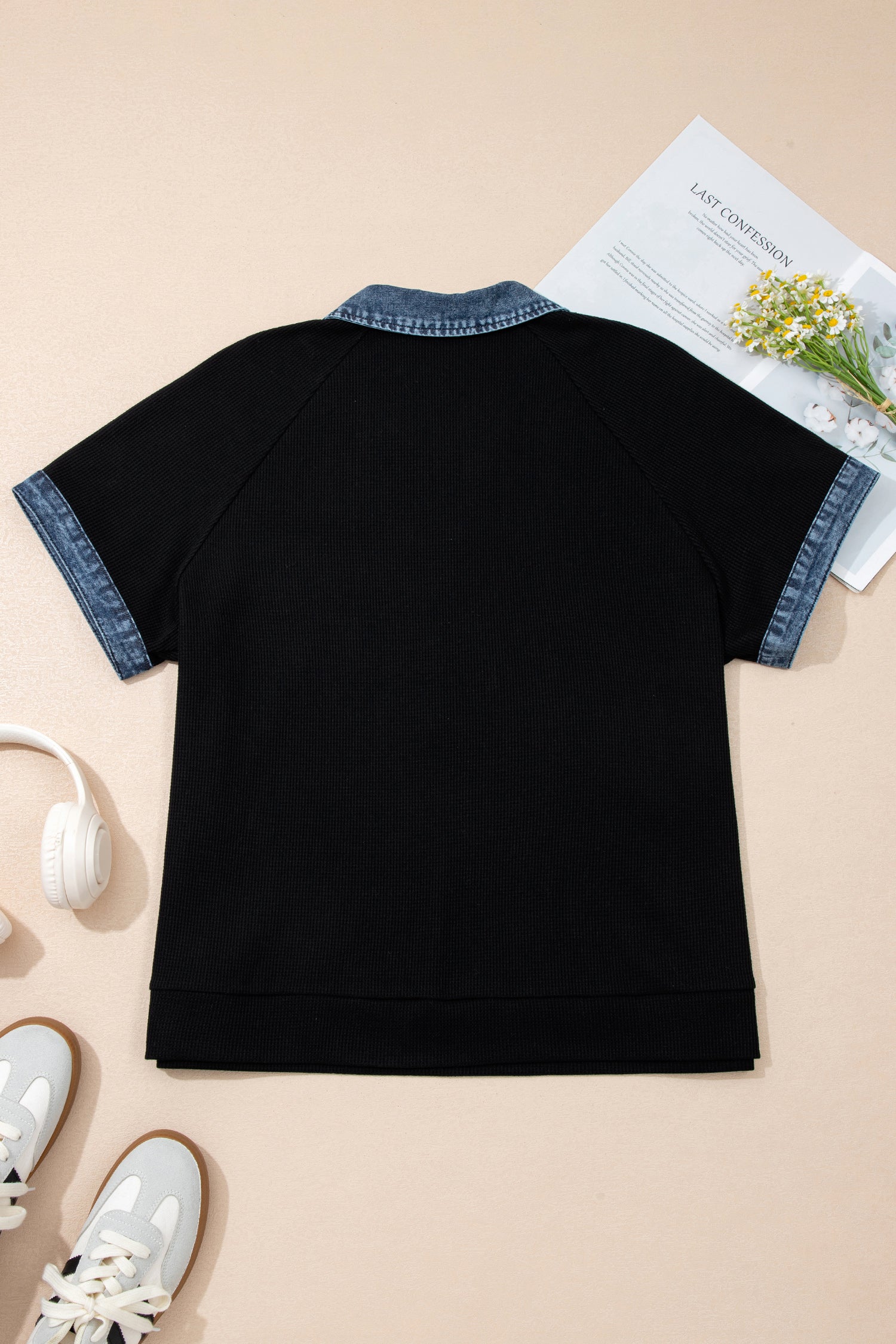 Plus Size Black & Denim Patchwork Button Polo Tee