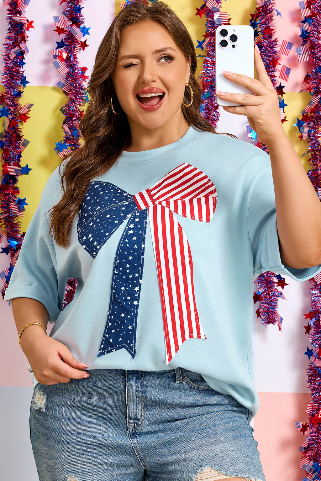 Plus Size Blue Patriotic Patchwork Bow Graphic Tee