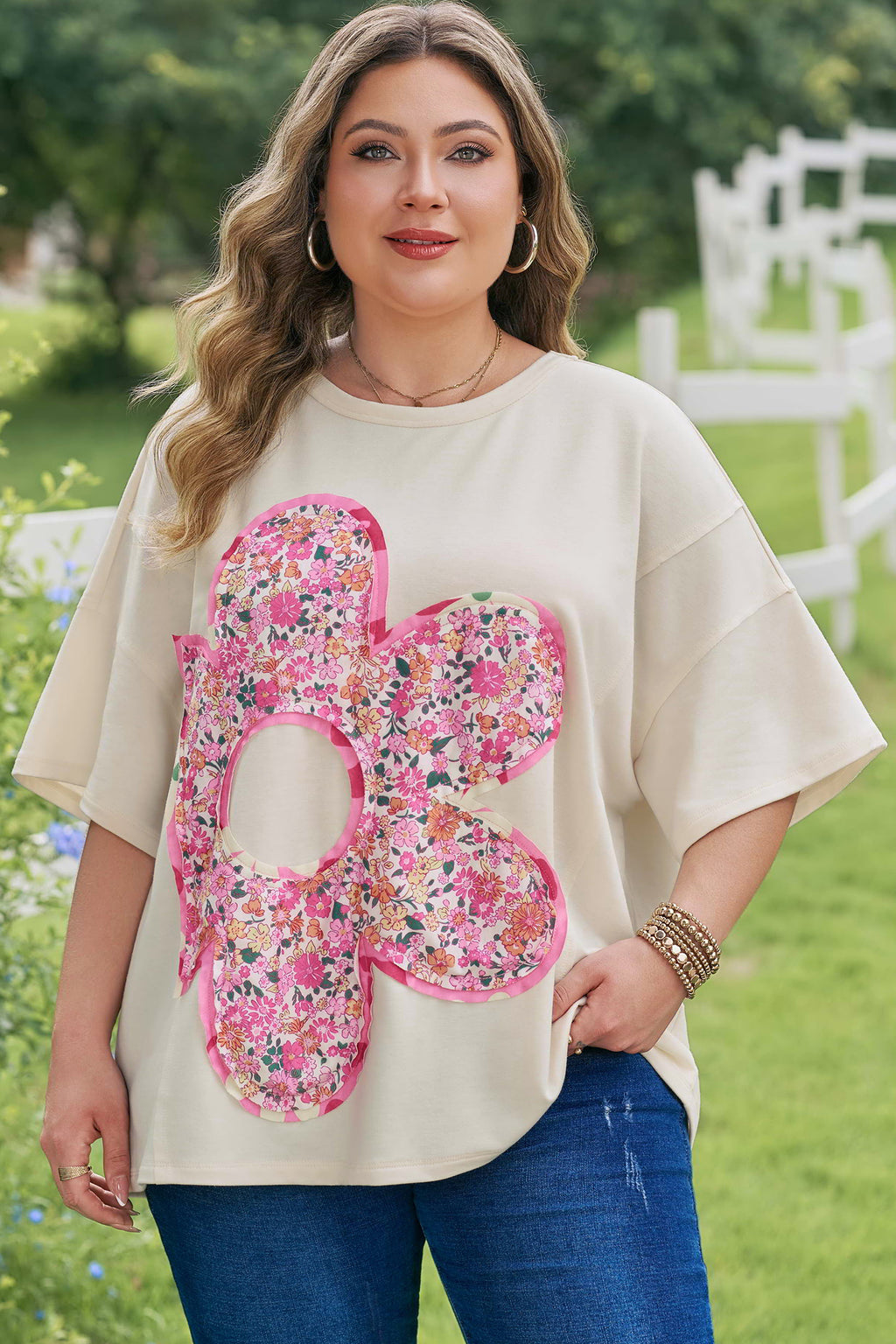 Plus Size Big Flower Patched Tunic Tee