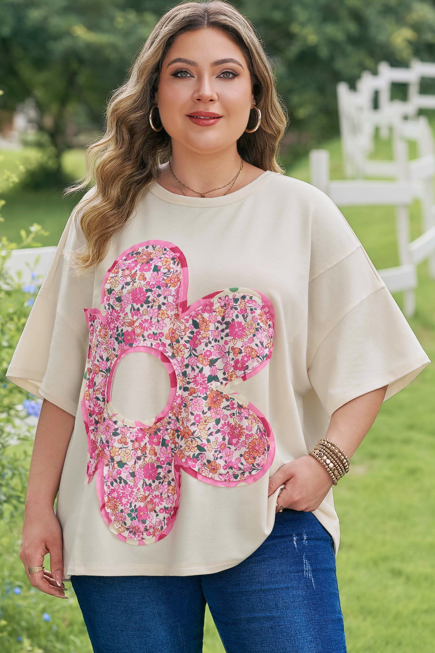 Plus Size Big Flower Patched Tunic Tee