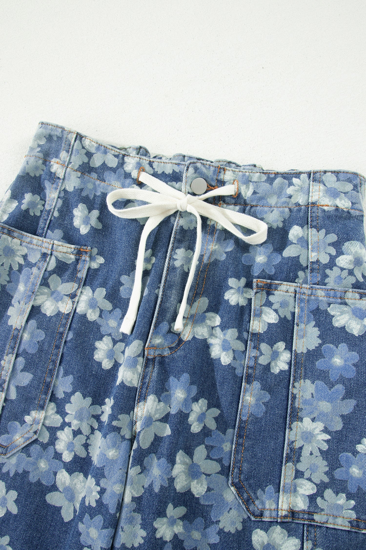Sky Blue Dainty Floral Print Drawstring Barrel Jeans