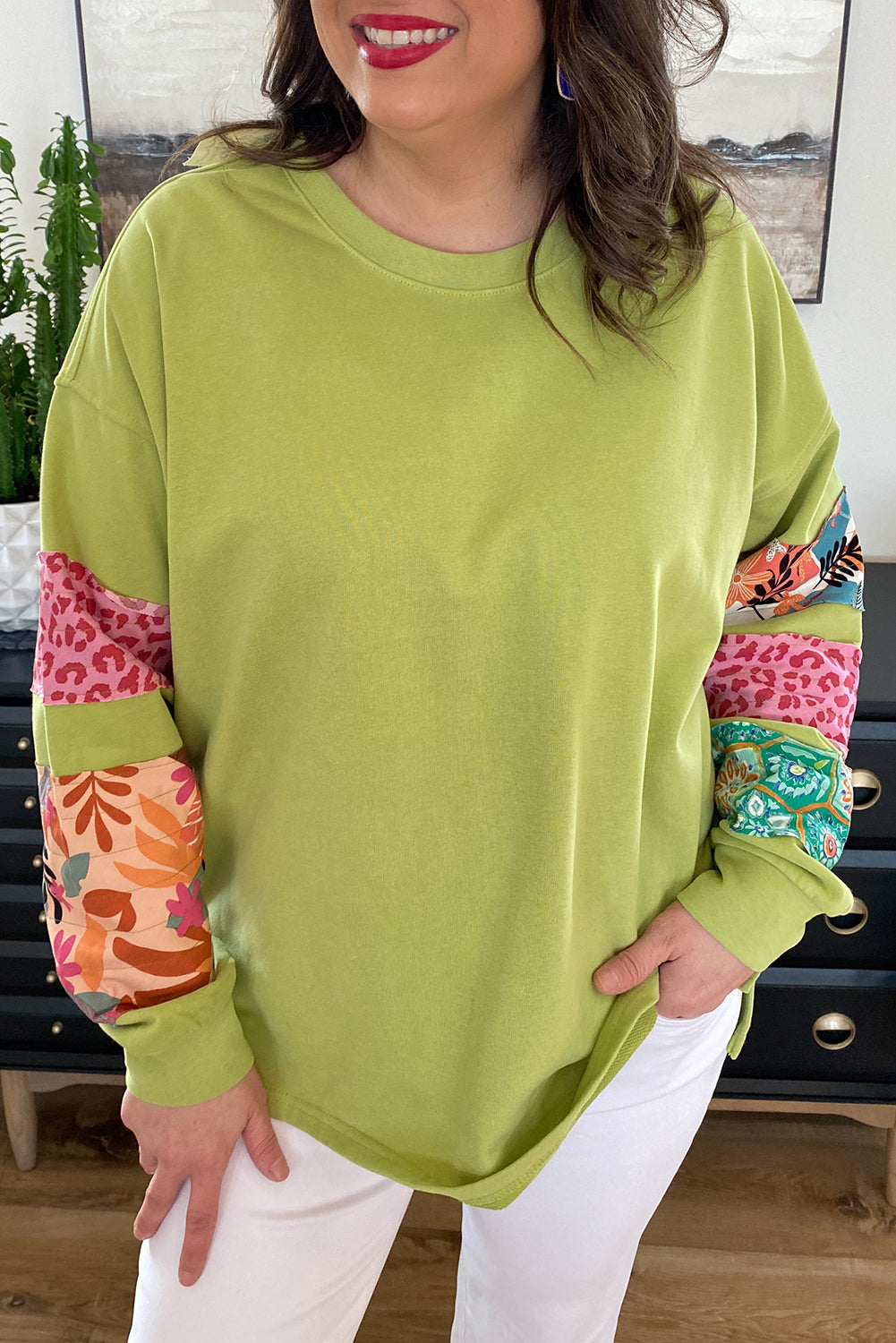 Plus Size Green Patchwork Sleeve Sweatshirt