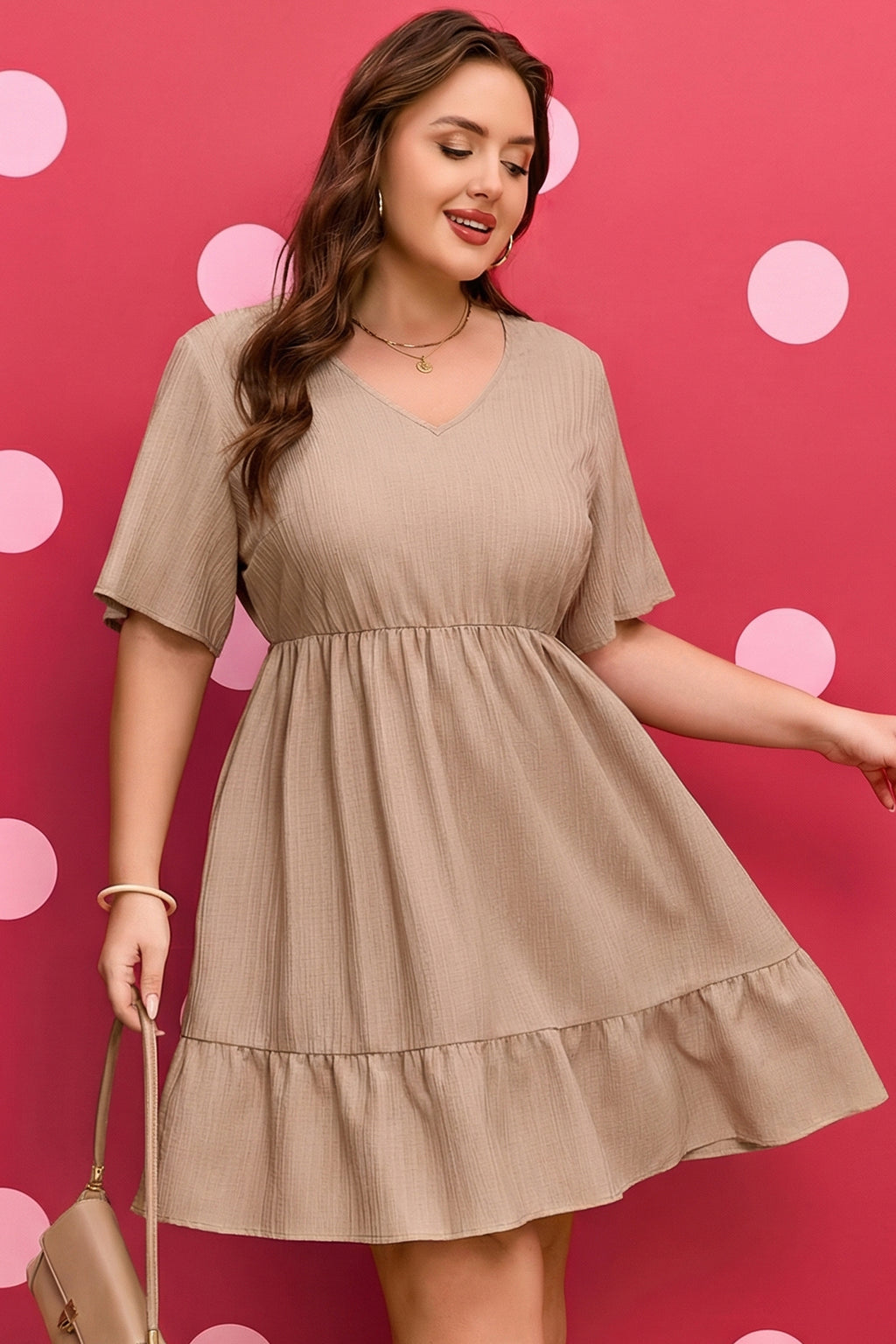 Plus Size Dark Khaki Ruffled Short Sleeve Dress