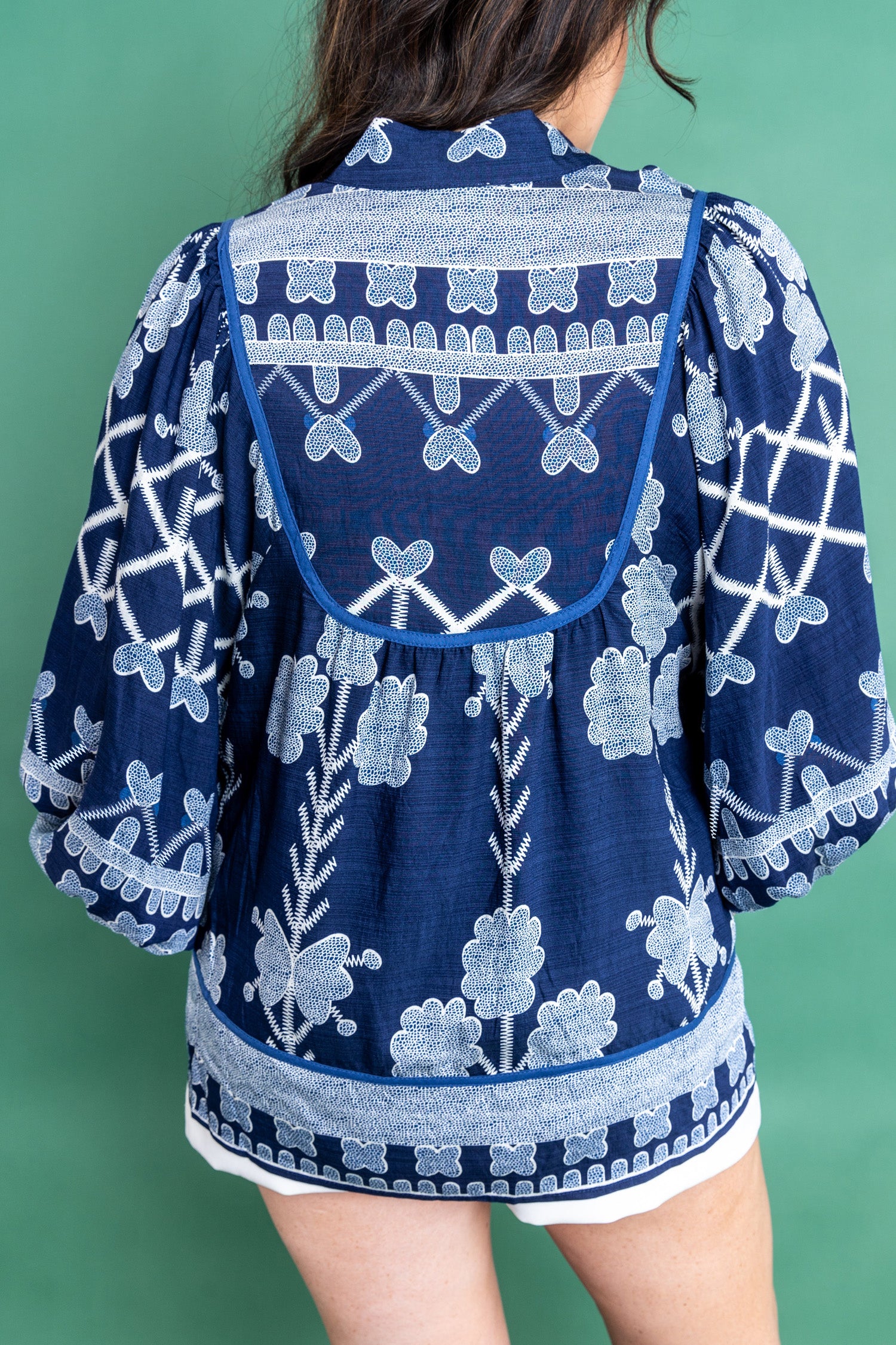 Plus Size Blue Notched Neck Floral Print Long Sleeve Blouse