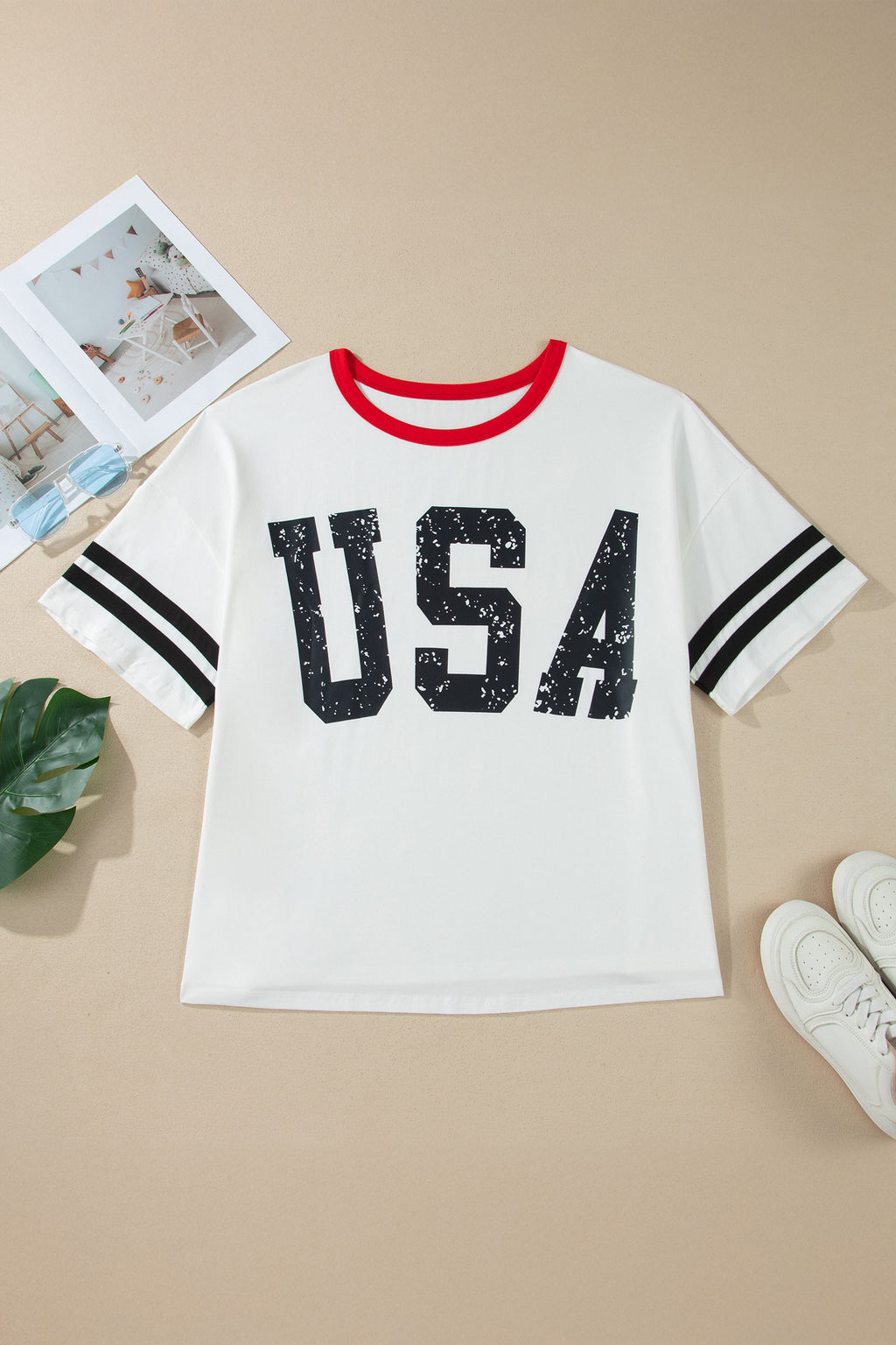 Plus Size White Retro USA Striped Trim Short Sleeve Tee