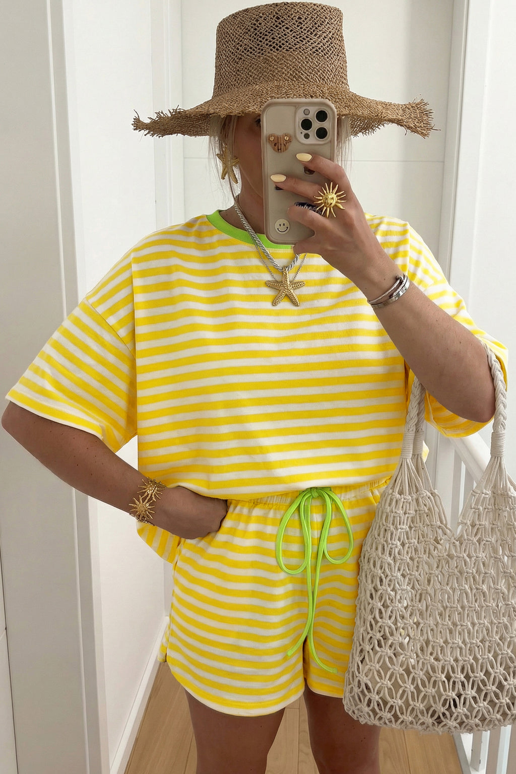Yellow Stripe Loose Tee and Drawstring Shorts Set