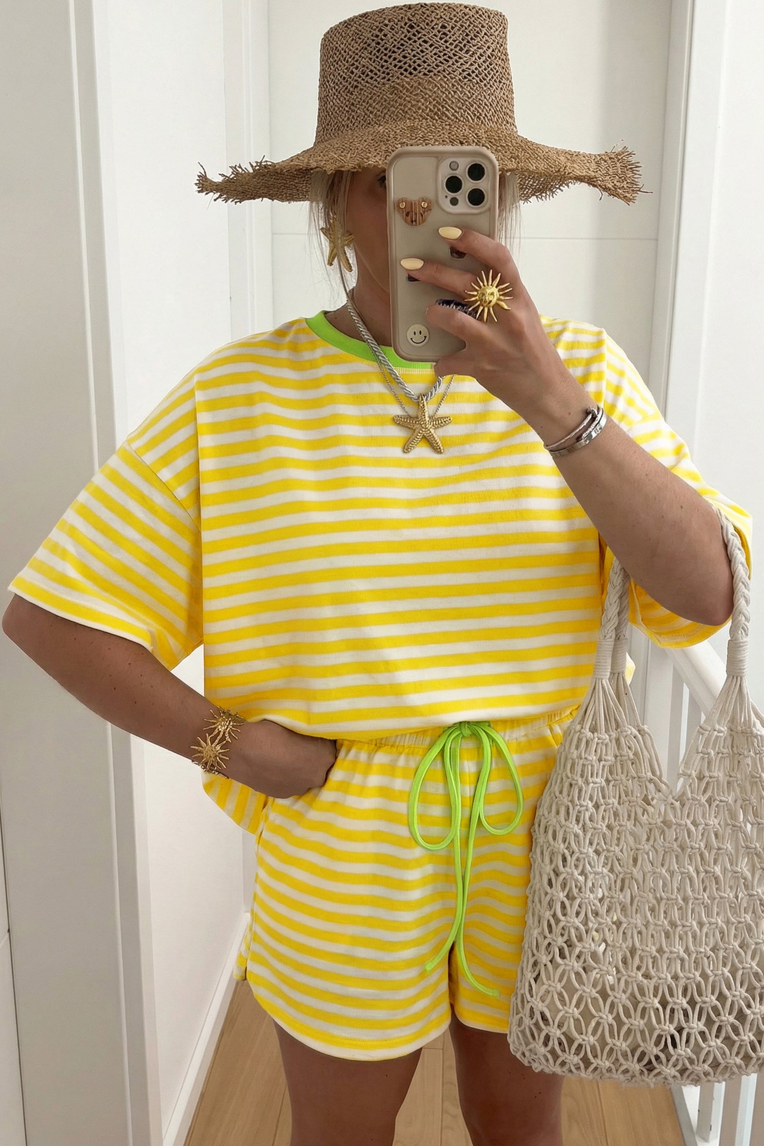 Yellow Stripe Loose Tee and Drawstring Shorts Set