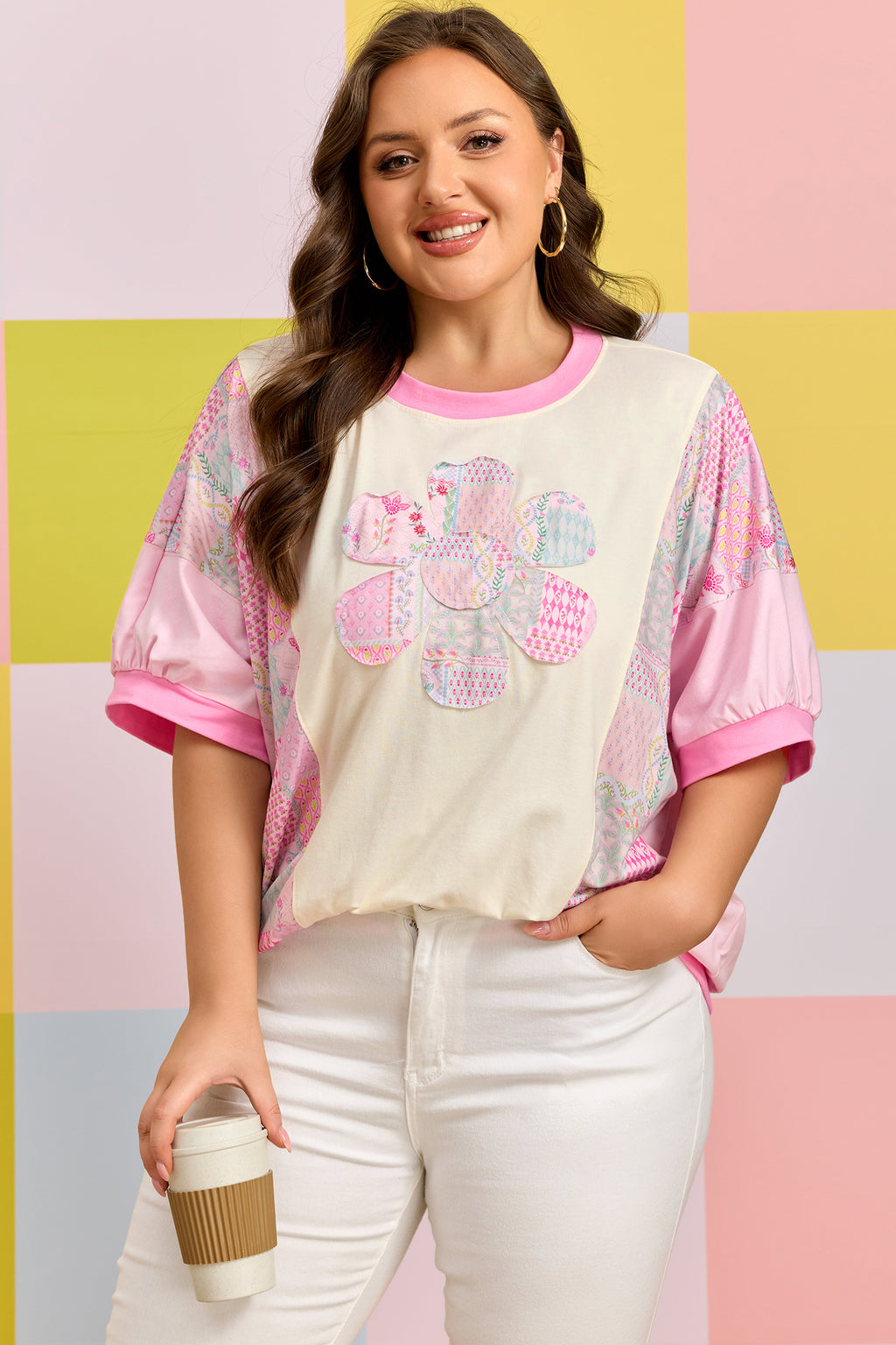 Plus Size Beige Short Sleeve Floral Patchwork Tee