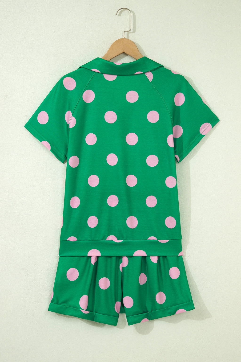 Green Polka Dot Print V-Neck Tee & Shorts 2pc Set