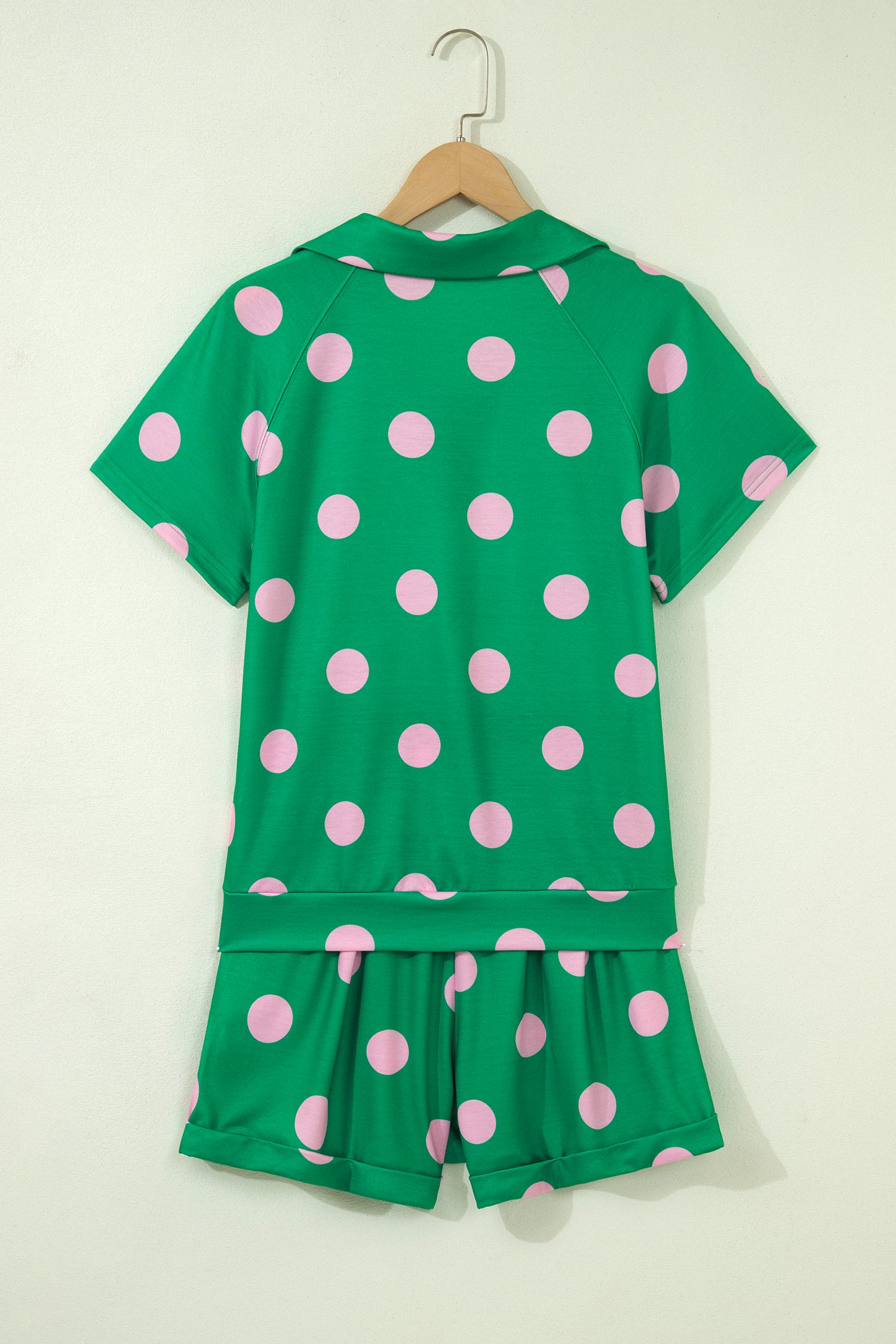 Green Polka Dot Print V-Neck Tee & Shorts 2pc Set