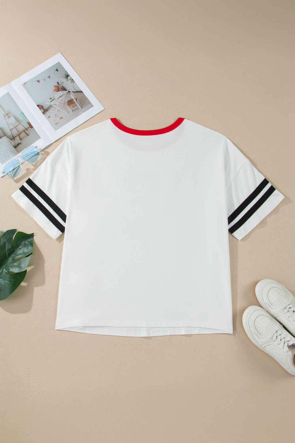 Plus Size White Retro USA Striped Trim Short Sleeve Tee