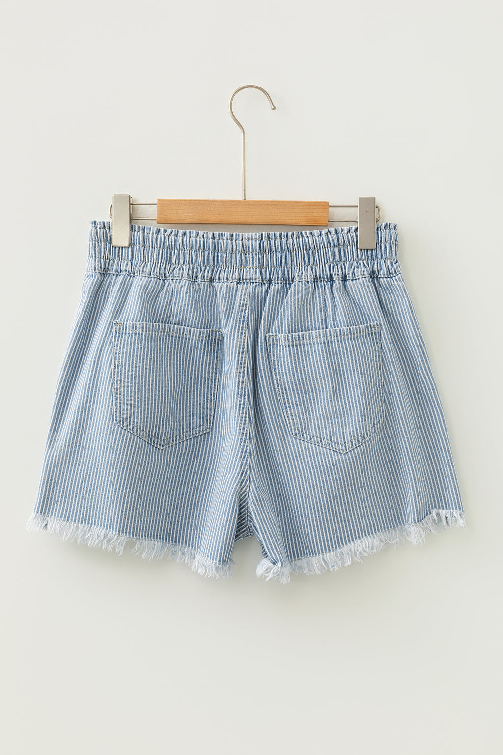 Sky Blue Stripe & Raw Edge Denim Shorts With Elastic Drawstring Waist